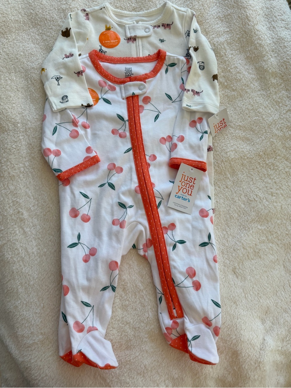 NWT 2-PIECE BUNDLE Carter's Footed One-Piece Coral Cherry/Animal Print